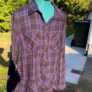 CAbi Collared Plaid Top with Ruffles